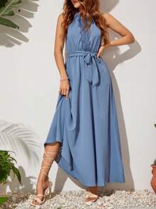 SHEIN VCAY Đầm dự tiệc mùa hè hở vai phối ren cho nữ - màu xanh lá - Xem 3