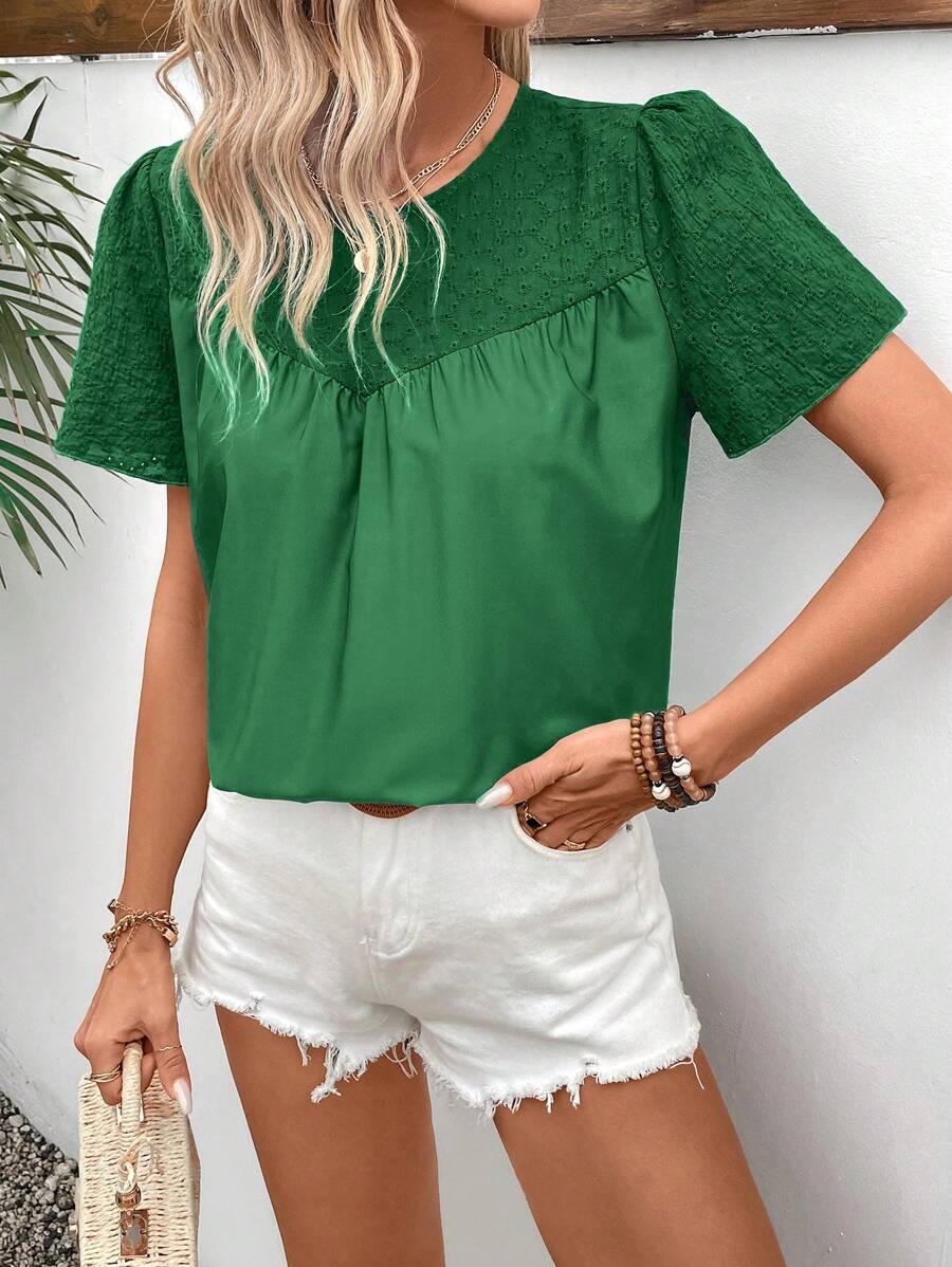 Breezaya Women's Short Puff Sleeve Round Neck Shirt - Mint Green - View 1