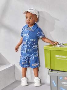 Baby Boy'S Casual Face Pattern Short Sleeve Shirt And Shorts Set, Summer