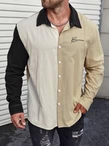 Manfinity Homme Men's Plus Size Color-Blocking Letter Printed Long Sleeve Shacket - Multicolor - View 6