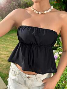 SHEIN Unity Top Ceñido A La Cintura Sin Tirantes De Color Liso - Negro - Ver 5