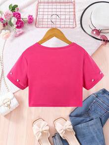 SHEIN Áo thun ngắn tay cổ tròn đính hạt hoa hồng cho bé gái tuổi teen, áo đôi mẹ và bé (hai món được bán riêng) - Màu Hồng Tươi - Xem 2