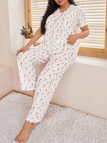 Conjunto De Ropa Para El Hogar Con Adornos De Encaje Y Patchwork Con Estampado De Tulipanes Románticos De Talla Grande
