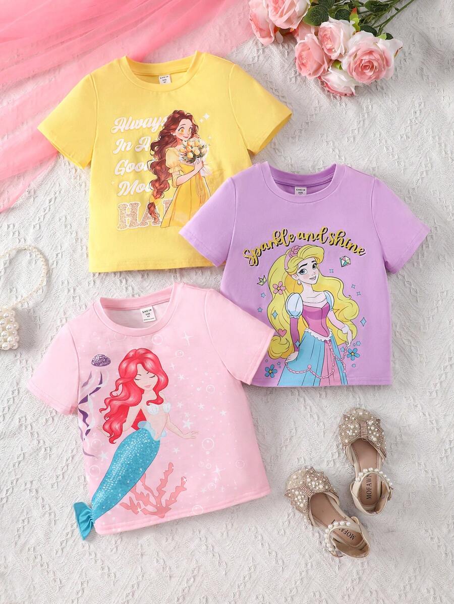 SHEIN Young Girls' Cartoon Pattern Round Neck Short Sleeve Knitted Comfortable Lovely T-Shirt Set Of 3 In Different Colors In Fairy Tale Style - Multicolor - View 1