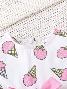 SHEIN 寶寶女孩可愛冰淇淋卡通圖案拼色無袖裙，饅頭邊飾和腰帶 - 粉色 - 查看 4
