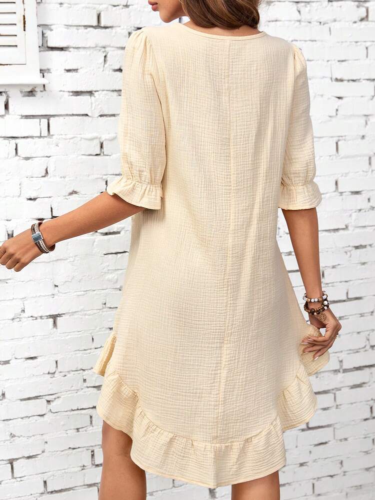 Round Neck Bell Sleeve High-Low Hem Dress