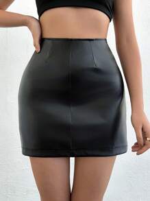 RueChic Women's PU Leather Back Zipper Skirt - Black - View 3