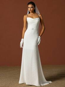 Women Simple Spaghetti Strap Slimming French Style Light Wedding Dress - White - View 5