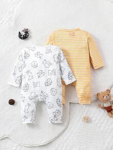 SHEIN Cute Long Sleeve  Sleepsuit Star And Moon  Pattern Crew Neck Jumpsuit For Baby Boy,White & Yellow Color ,Newborn Baby Boy Clothes, Romper Baby Ssoft And Comfortable  Pajamas - Multicolor - View 2