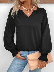 SHEIN LUNE 女式v領褶皺袖衫 - 黑色 - 查看 1