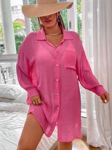 Swim Vcay 女士加大碼單排釦落肩長袖外套連衣裙 - 玫紅色 - 查看 3