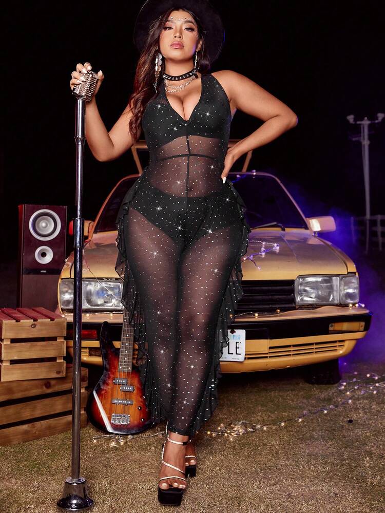 Plus Size Women's Heavy Duty Shiny Rhinestone Embellished Sheer Mesh Jumpsuit