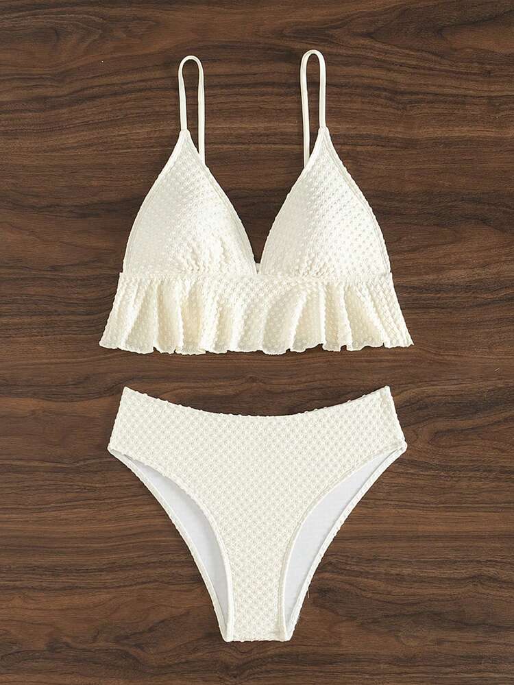 Ladies' Solid Color Textured Bikini Set Summer