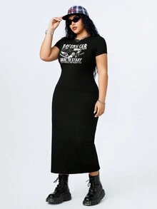 SHEIN Coolane 女式大碼字母和汽車印花連身裙 - 黑色 - 查看 5