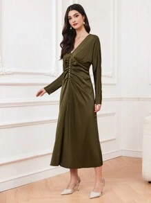 Modelyn 女士纯色褶饰珍珠蝙蝠袖连衣裙长款晚礼服 - 軍綠色 - 查看 8
