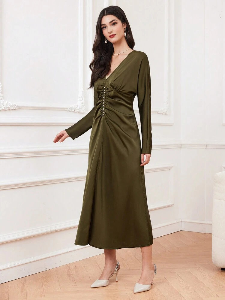 Women's Solid Color Pleated Pearl Studded Batwing Sleeve Dress Long Evening Dresses Fall Cloth For Women