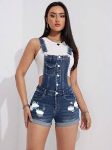 SHEIN EZwear Mono Corto De Mezclilla Desgastado Para Mujer - Azul lavado medio - Ver 2