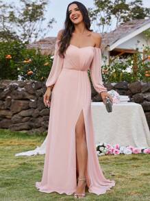 EVERPRETTY Vestido de dama de honor formal de gasa rosa con escote corazón, hombros descubiertos y abertura en el muslo, elegante para primavera