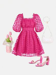 十多歲女孩的休閒格紋網格方領泡泡袖連衣裙 - 玫紅色 - 查看 1