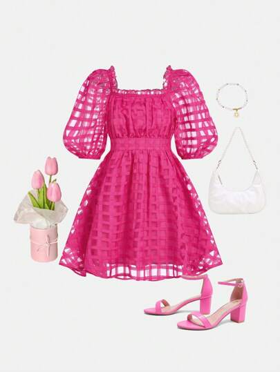 十多歲女孩的休閒格紋網格方領泡泡袖連衣裙