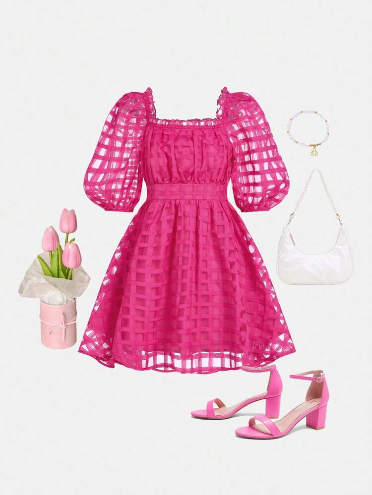 Teenage Girls' Casual Checked Mesh Square Neck Puff Sleeve Dress