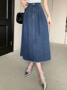 DAZY 高腰牛仔裙，饰有流苏，适合返校季穿着，秋冬款。 - 中等水洗藍 - 查看 6