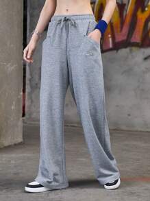 SHEIN Sports Của phụ nữ Lỏng lẻo phù hợp Dây rút Quần thể thao - Xám - Xem 1