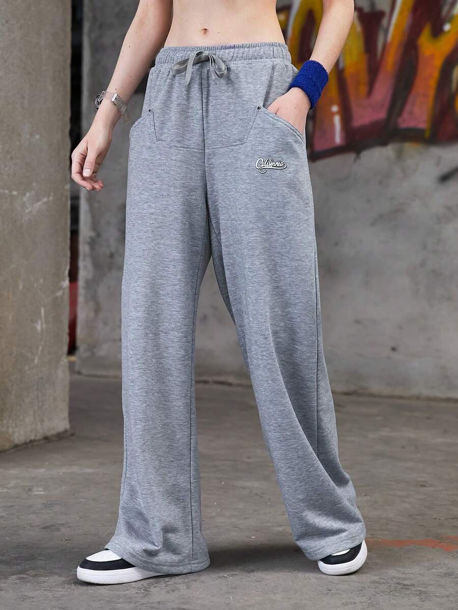 SHEIN Sports Của phụ nữ Lỏng lẻo phù hợp Dây rút Quần thể thao - Xám - Xem 1