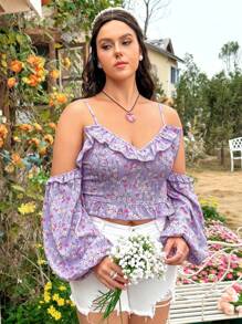 Dreamara Plus Size Women's Ruffle Ditsy Floral Top With Ruffle Trim - Multicolor - View 3