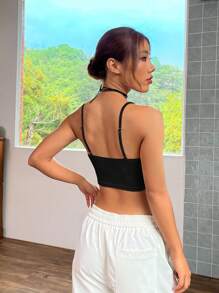 SHEIN EZwear 純色露背短版吊帶上衣 - 黑色 - 查看 3