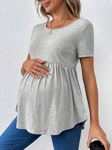SHEIN Maternity Casual Back Cross Hollow Out Short Sleeve T-Shirt With Curved Hem