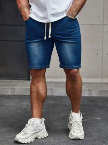 Manfinity Homme 男士束口腰帶口袋牛仔短褲，純色深藍色度假復古款與朋友一起 - 藍色 - 查看 6