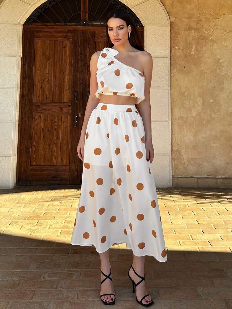 Ladies' One Shoulder Polka Dot Top And Large Hem Skirt Two-Piece Set #Easter