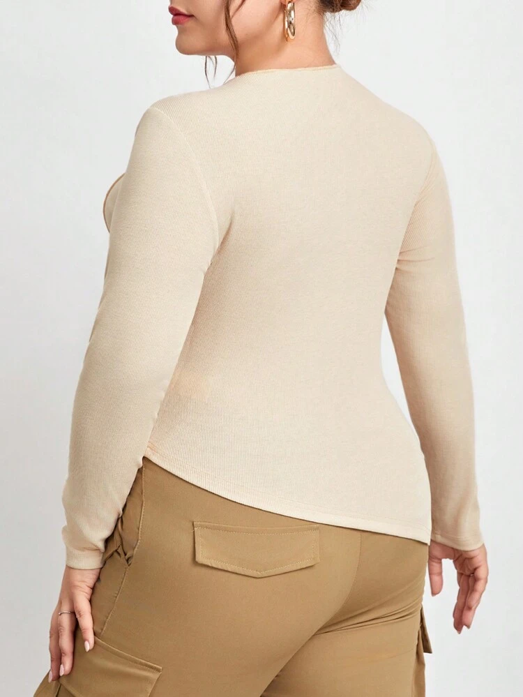 Women's Plus Size Solid Apricot Round Neck Fitted Long Sleeve T-Shirt