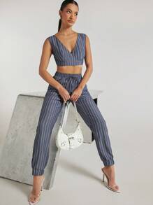 Hauture Striped Crop Top & Jogger Pants Two Pieces Set - Grey - View 6