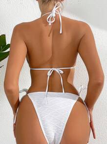 SHEIN Swim 女士纯色挂脖式文胸和侧系带比基尼泳裤比基尼套装夏季海滩 - 白色 - 查看 2