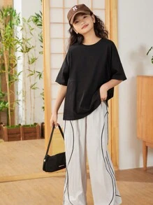 SHEIN Oversized Komfortables Rundhals-T-Shirt mit Drop Shoulder und geteiltem Design mit Buchstaben-Muster für Tween Mädchen
