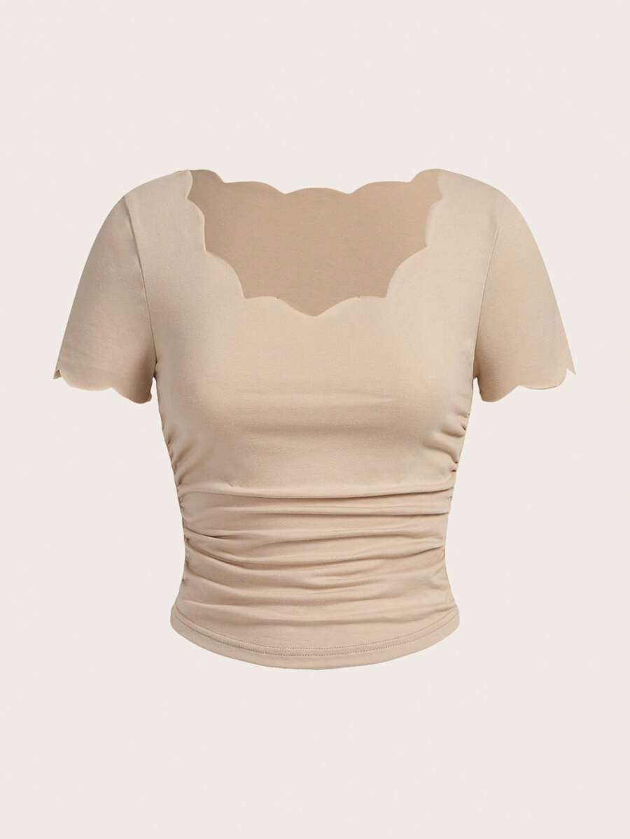 SHEIN Essnce 女性休閒全配實色短袖t卹,圓弧下擺設計夏日穿搭佳選 - 杏色 - 查看 1