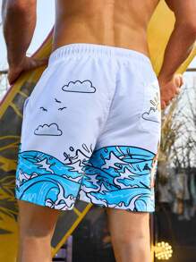 Manfinity Men's Cartoon & Wave Printed Beach Shorts With Slanted Pockets - Blue and White - View 2