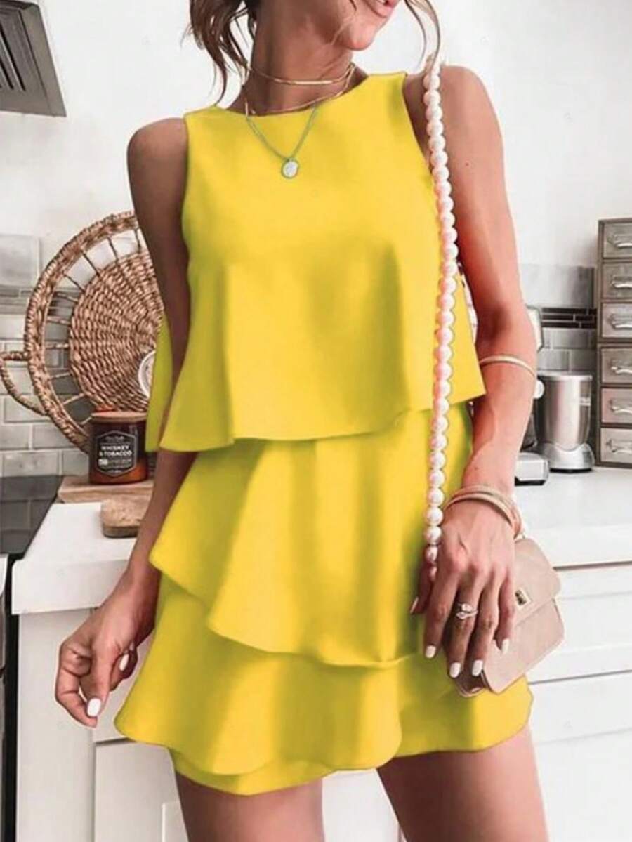 SHEIN Clasi Màu thuần Không tay Áo vest Và Quần short Lỏng lẻo Bộ - Màu vàng - Xem 1