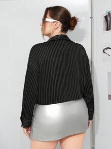 SHEIN ICON Women's Plus Size Striped Drop Shoulder Long Sleeve Shirt - Black and White - View 3