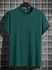 Manfinity Homme Men's Plain Solid Color Round Neck Short Sleeve T-Shirt - Dark Green - View 3