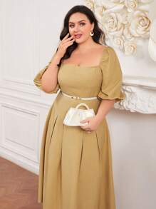 Modelyn Vestido de talla grande para mujer con cuello cuadrado y mangas cortas abullonadas, vestido de invitada de boda - Amarillo - Ver 7