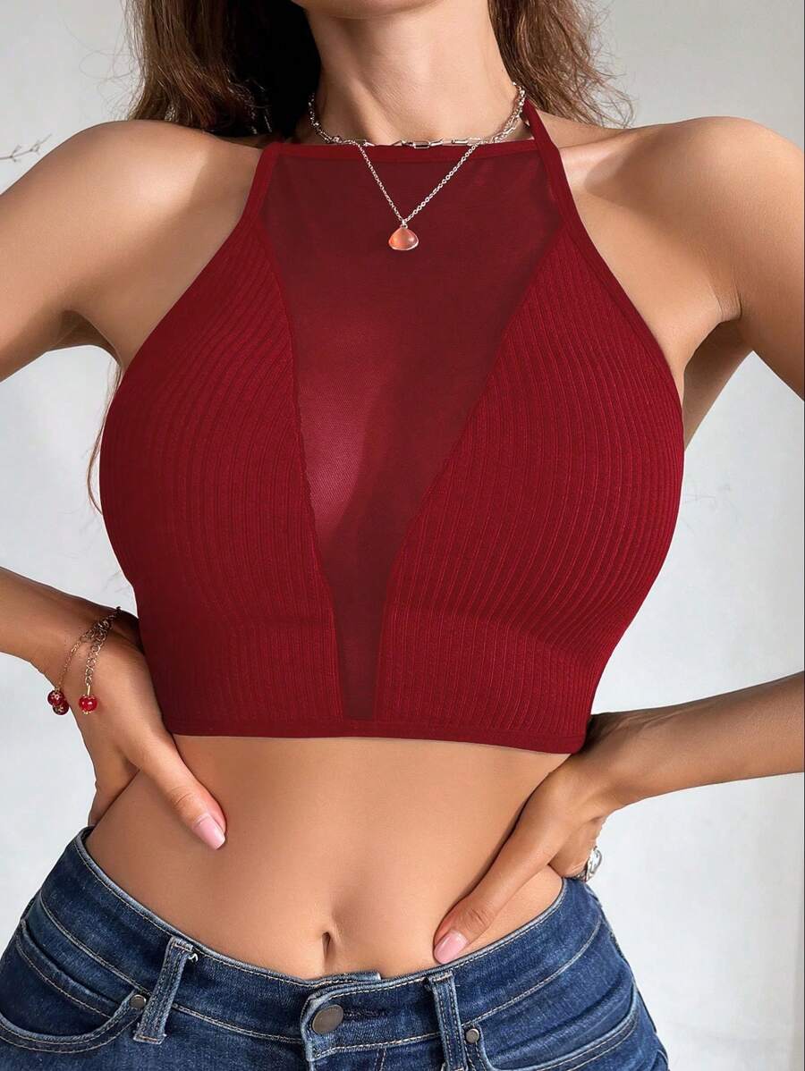 Eraneu Ladies' Mesh Splice Sleeveless Tank Top - Burgundy - View 1