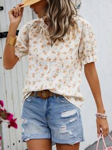 SHEIN LUNE Áo sơ mi cổ chữ V in hoa Ditsy - trắng - Xem 5