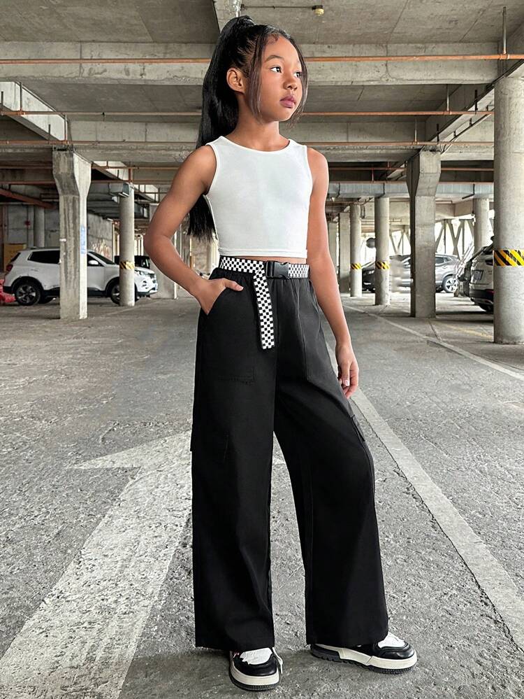 Tween Girls' Cool Street Style Knit Round Neck Top And Straight Pants For Spring/Summer