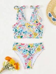 SHEIN Swim 夏季沙灘女士全身植物印花打結肩帶泳衣背心上衣和泳裝下褲