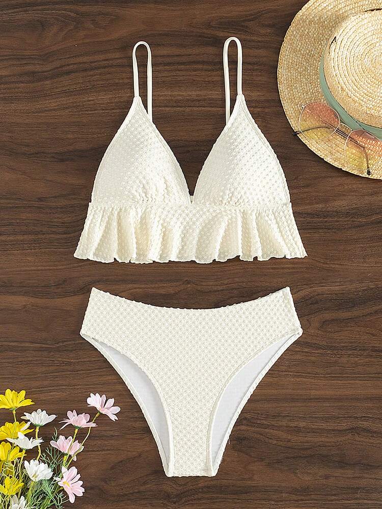 Ladies' Solid Color Textured Bikini Set Summer