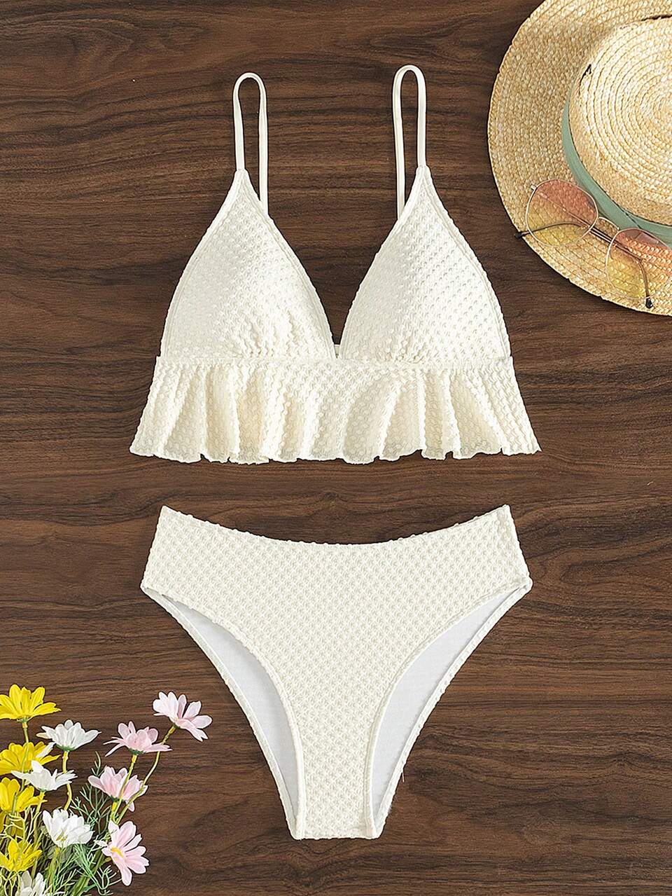 Ladies' Solid Color Textured Bikini Set Summer