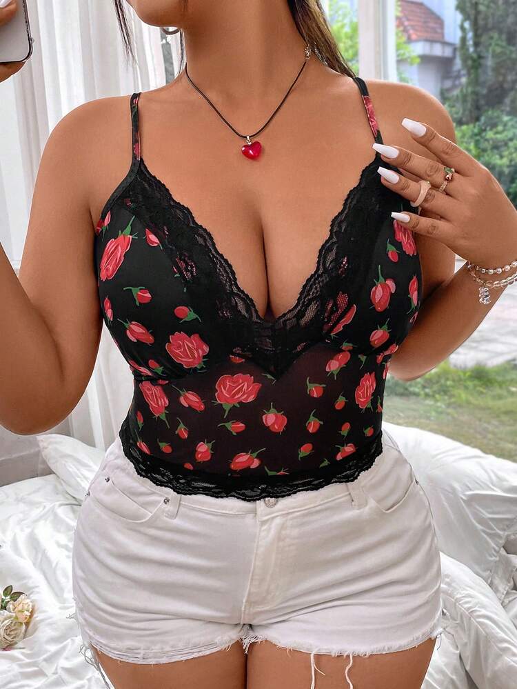 Plus Size Women's Lace And Floral Printed Patchwork Camisole Tank Top